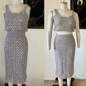Vintage 1960s Sequin 2 piece silver midi skirt and crop top knit skirt suit